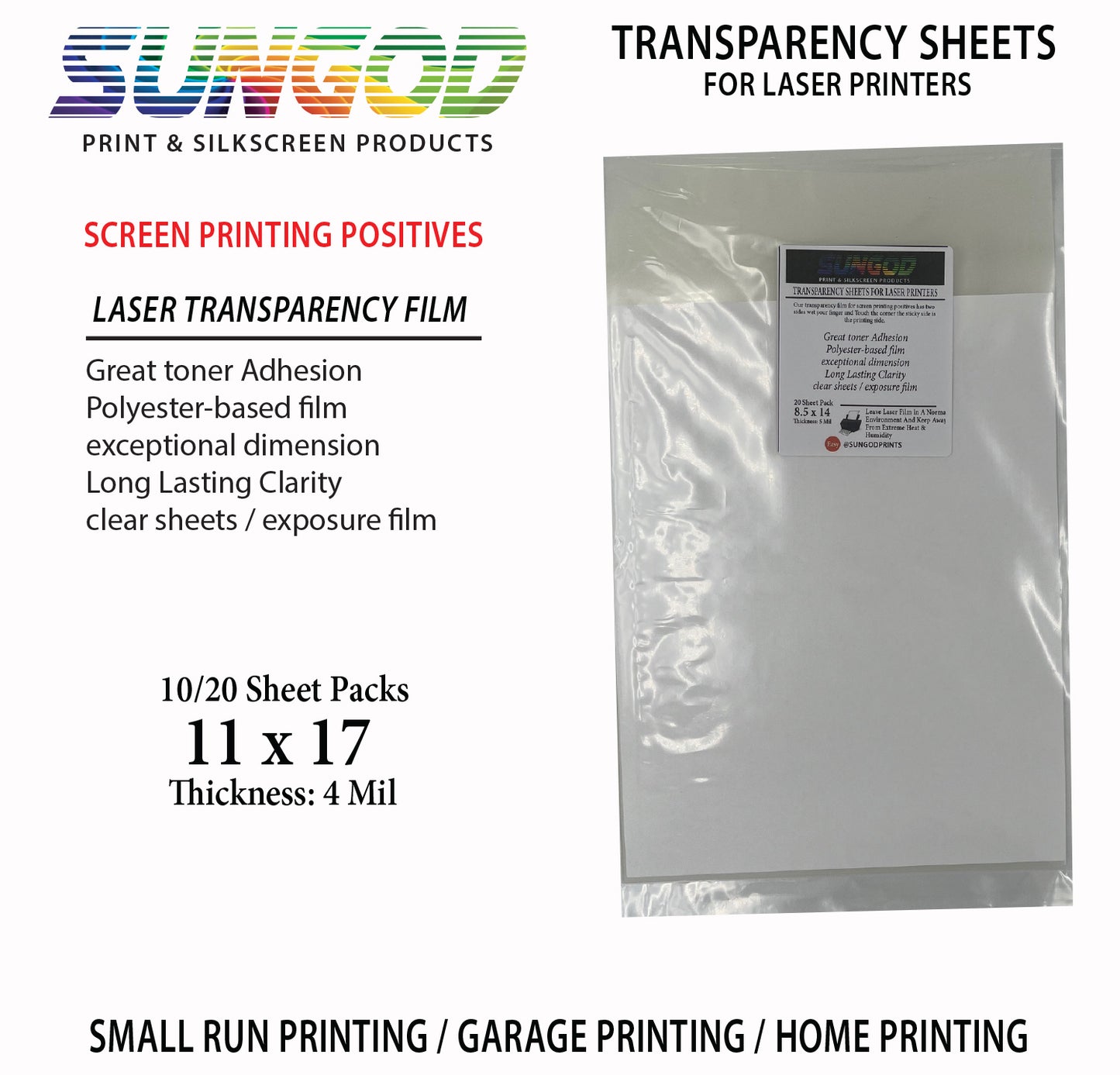 Transparency sheets for Laser Printer 11 x 17 - 10 or 20 sheet pack / positive / clear film / 4 mil / film exposure / silkscreen printing / small shop