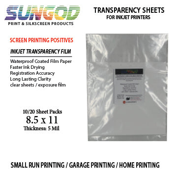 Transparency sheets for inkjet Printers 8.5 x 11 - 10 or 20 sheet packs / positive / clear film / 4 mil / film exposure / silkscreen printing /small shop