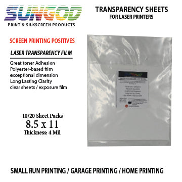 Transparency sheets for Laser Printers 8.5 x 11 - 10 or 20 sheet pack / positive / clear film / 4 mil / film exposure / silkscreen printing / small shop