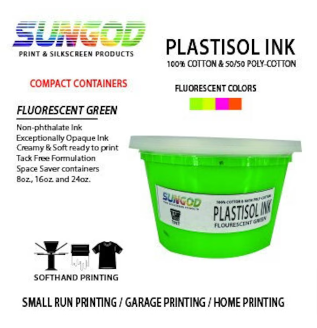 Fluorescent green plastisol ink for 100% Cotton and 50/50 Cotton Blend. Small Runs / Garage Printer / Home Printer / Space Saver Containers