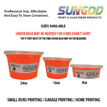 Fluorescent orange plastisol ink for 100% Cotton and 50/50 Cotton Blend. Space Saver Containers