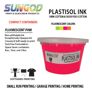 Fluorescent pink plastisol ink for 100% Cotton and 50/50 Cotton Blend. Space Saver Containers