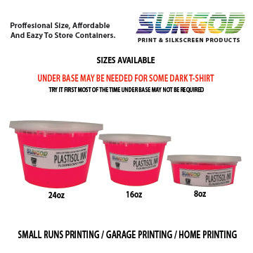 Fluorescent pink plastisol ink for 100% Cotton and 50/50 Cotton Blend. Space Saver Containers