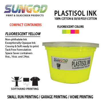 Fluorescent yellow plastisol ink for 100% Cotton and 50/50 Cotton Blend. Space Saver Containers