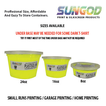 Fluorescent yellow plastisol ink for 100% Cotton and 50/50 Cotton Blend. Space Saver Containers
