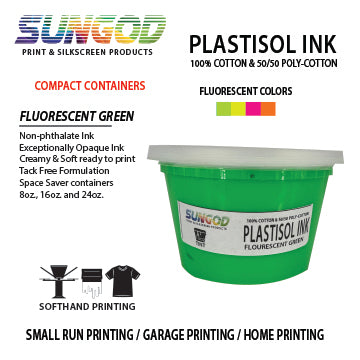 Fluorescent green plastisol ink for 100% Cotton and 50/50 Cotton Blend. Space Saver Containers
