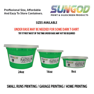Fluorescent green plastisol ink for 100% Cotton and 50/50 Cotton Blend. Space Saver Containers