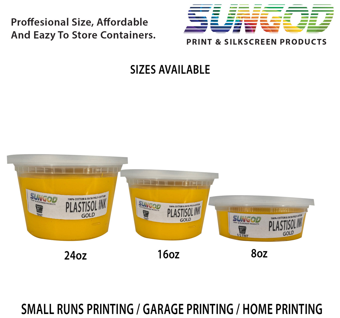 Athletic gold plastisol ink for 100% Cotton and 50/50 Cotton Blend T-shirt. Space Saver Containers