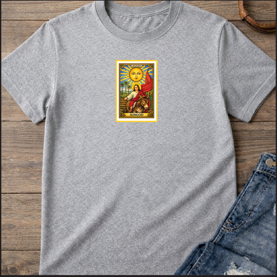 The Sun card with baby Jesus on a donkey with the Red flag / 100% Soft Cotton T-shirts / Catholics / Christianity / Tarot / Baby Jesus / The Sun / Palms