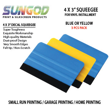 Plastic Vinyl Squeegee 4" long a set of 3 pieces / blue & yellow / Decal installment / Black Fabric Felt Edge / window decal/ Easy to Handle