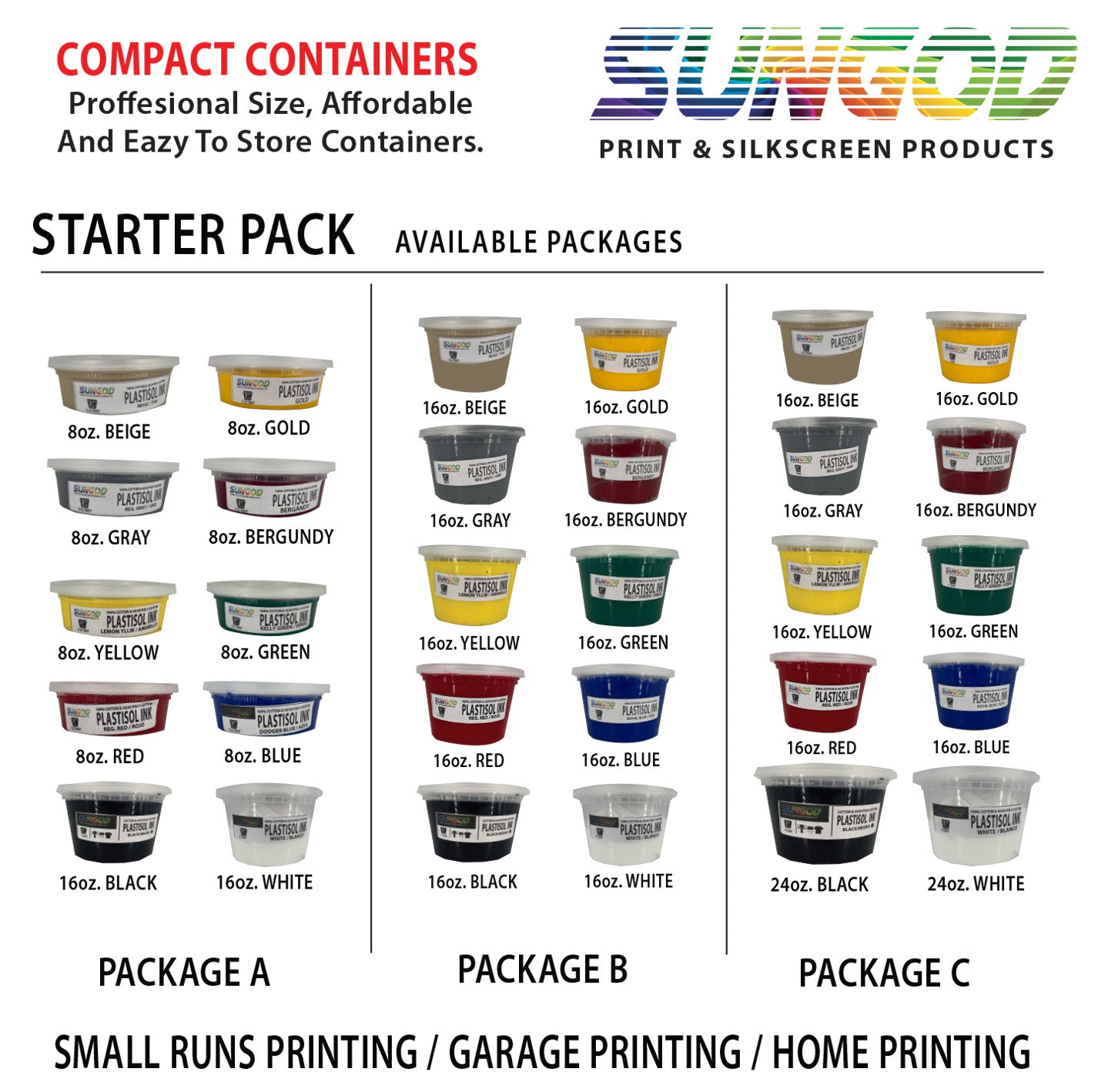 Starter Kit plastisol ink 10 color Package  / compact containers / beginners kit