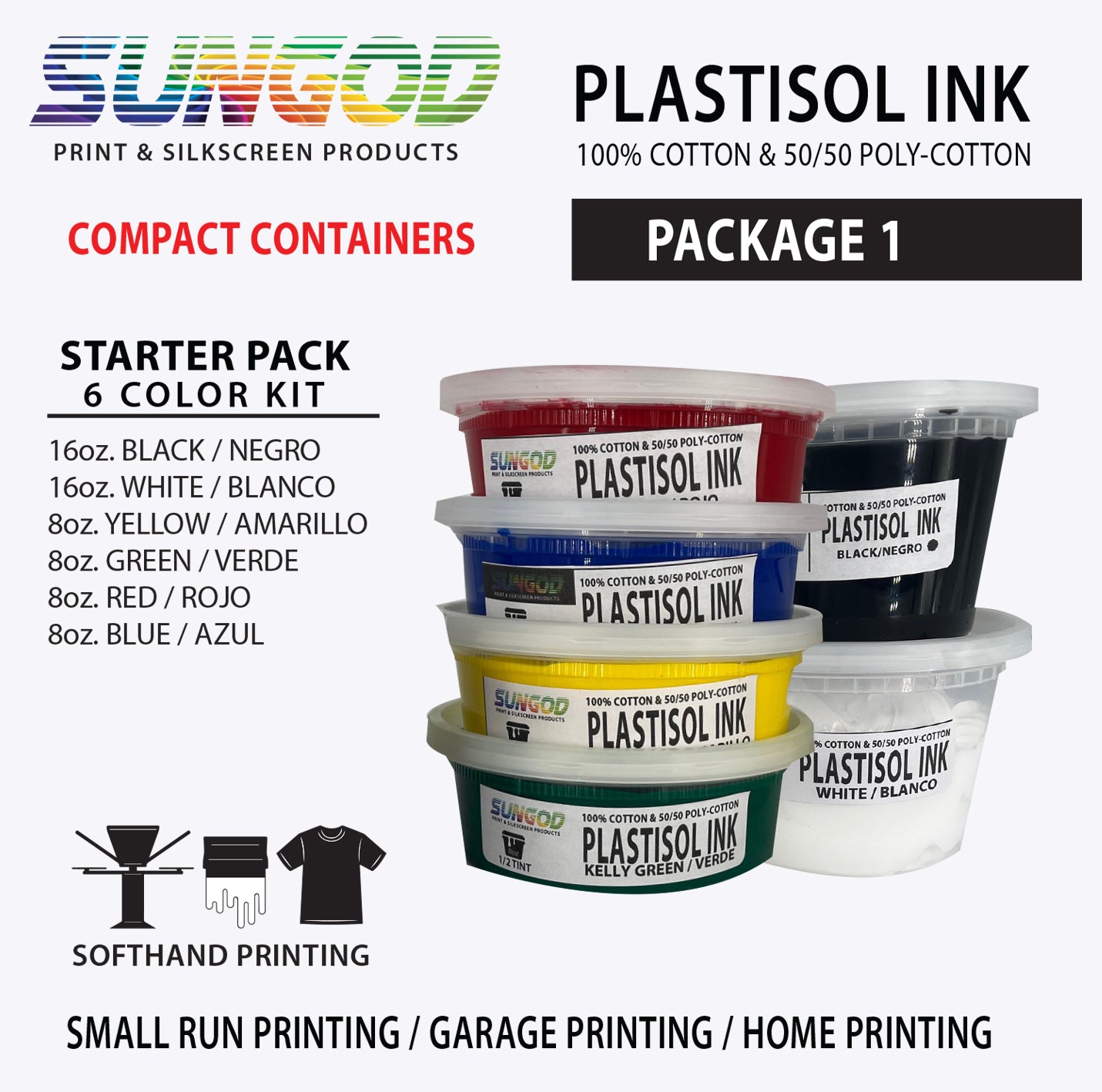 Starter Kit plastisol ink 6 color Package /screen printing / silkscreen products / compact containers / garage printing / beginners kit