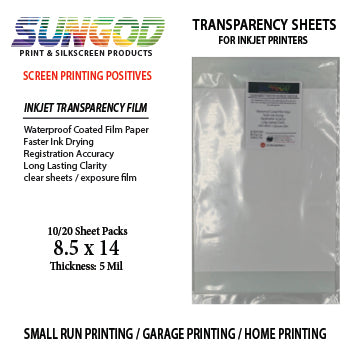 Transparency sheets for inkjet Printers 8.5 x 14 - 10 or 20 sheets packs / positive / clear film / 4 mil / film exposure / silkscreen printing /small shop