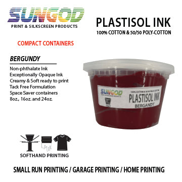 Bergundy plastisol ink for 100% Cotton and 50/50 Cotton Blend T-shirt. Space Saver Containers