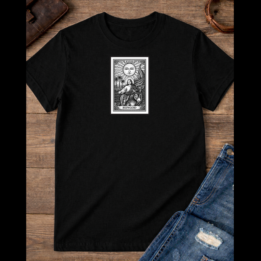 The Sun card with baby Jesus on a donkey Black/white 100% Cotton T-shirts / Catholics / Christianity / Tarot / Baby Jesus / The Sun / Palms