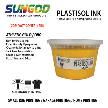 Athletic gold plastisol ink for 100% Cotton and 50/50 Cotton Blend T-shirt. Space Saver Containers