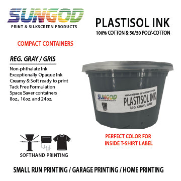 Regular gray plastisol ink for 100% Cotton and 50/50 Cotton Blend T-shirt. Space Saver Containers