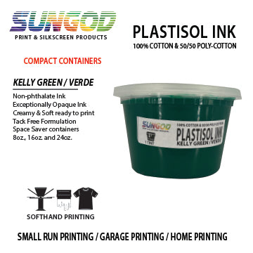 Kelly green plastisol ink for 100% Cotton and 50/50 Cotton Blend T-shirt. Space Saver Containers