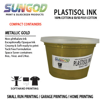 Metallic Gold plastisol ink for 100% Cotton & 50/50 Cotton Blend T-shirt. Space Saver Containers