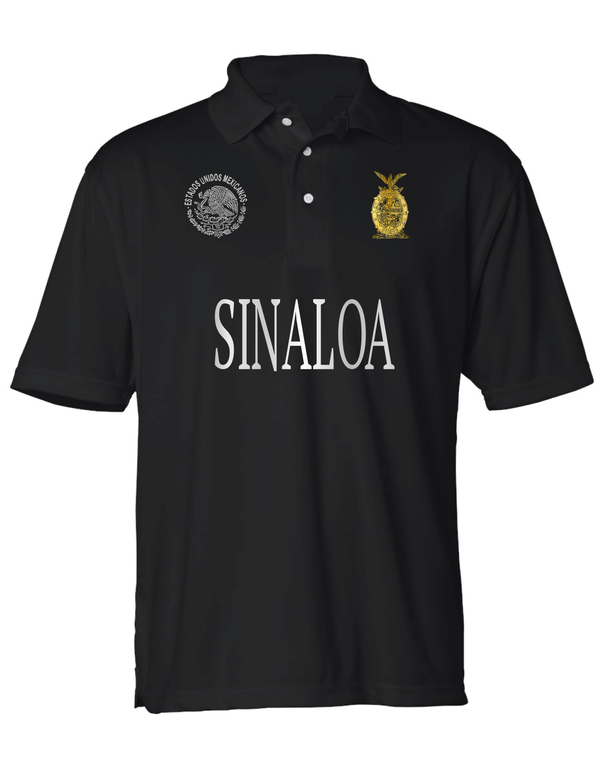 Sinaloa Black Polo W/ Metallic Gold & Metallic Silver Logos / Cotton Blend / Men / Hombres / Unisex / Polo / Long Sleeve / T-shirt / Mexico / Jalisco / Sinaloa / Michoacan / La Patria