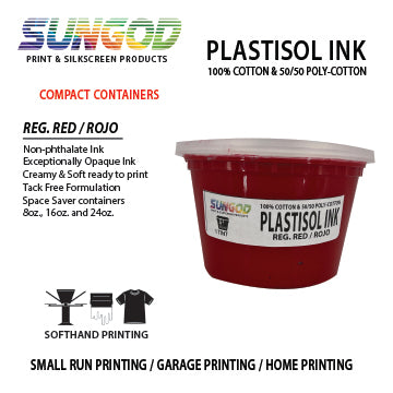 Regular red plastisol ink for 100% Cotton and 50/50 Cotton Blend T-shirt. Space Saver Containers