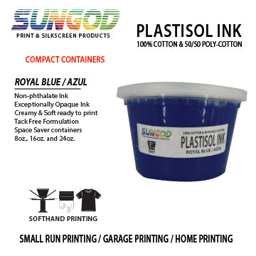 Royal Blue plastisol ink for 100% Cotton and 50/50 Cotton Blend T-shirt. Space Saver Containers