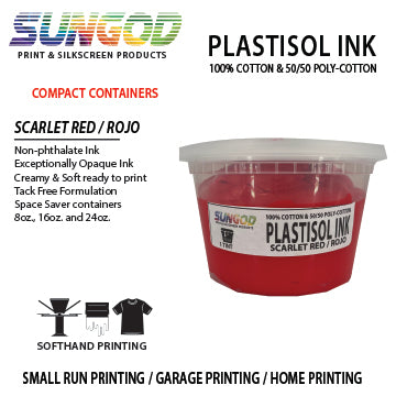 Scarlet red plastisol ink for 100% Cotton and 50/50 Cotton Blend T-shirt. Space Saver Containers