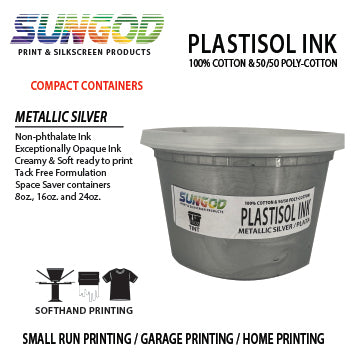 Metallic Silver plastisol ink for 100% Cotton & 50/50 Cotton Blend T-shirt. Space Saver Containers