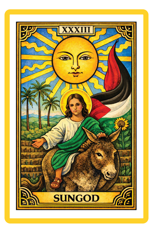 The Sun card with baby Jesus on a donkey Poster Board / The Palestinian flag / Catholics / Christianity / Tarot / Baby Jesus / The Sun / Palms