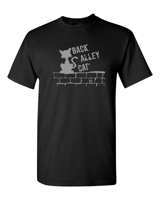 Back Alley Cat Sitting on Wall Black T-shirt 100% Cotton / LPC / pet lovers / black cat / cat lover / white / gray / black
