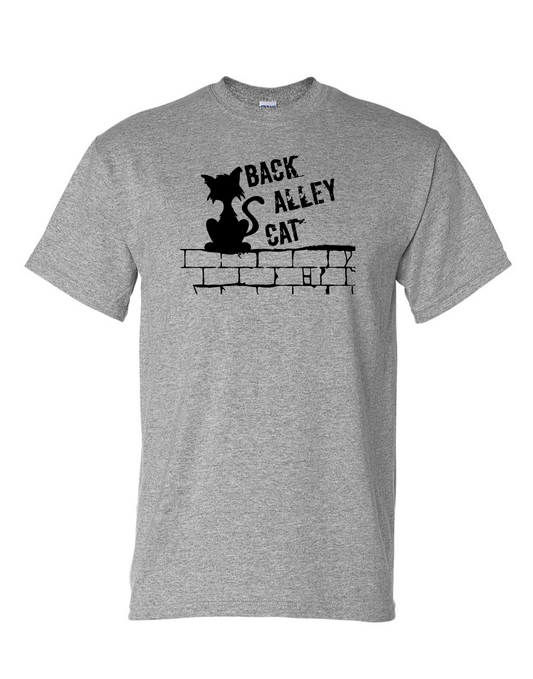 Back Alley Cat Sitting on Wall Gray T-shirt 100% Cotton / LPC / pet lovers / black cat / cat lover / white / gray / black