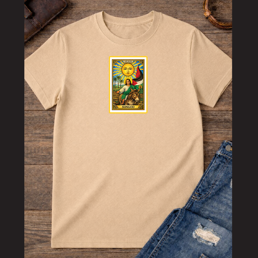 The Sun card with baby Jesus on a donkey with the Palestinian flag / 100% Soft Cotton T-shirts / Catholics / Christianity / Tarot / Baby Jesus / The Sun / Palms