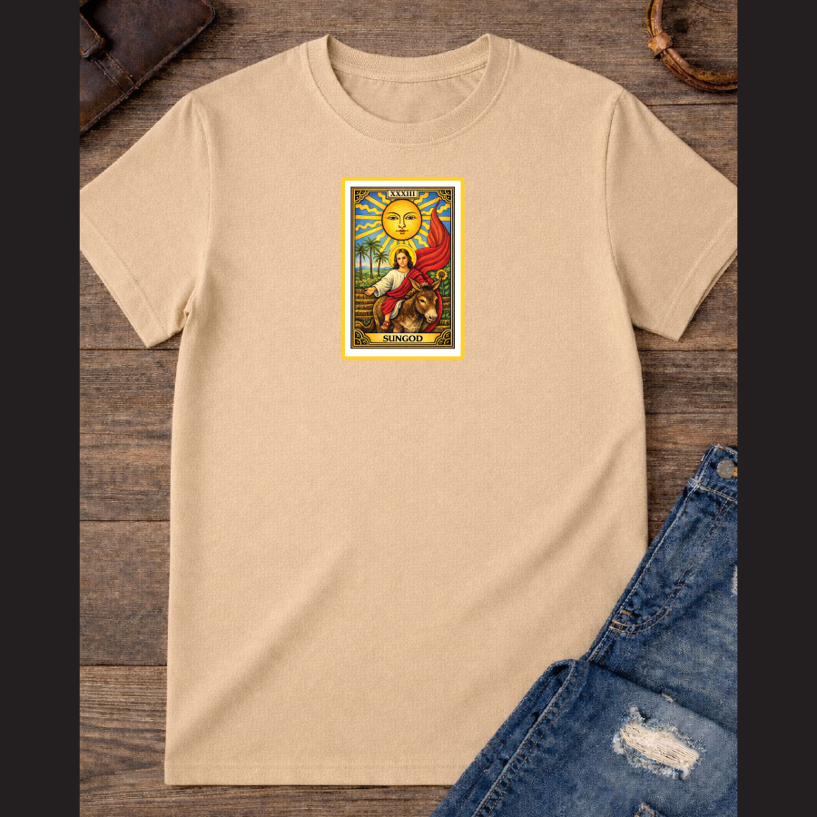 The Sun card with baby Jesus on a donkey with the Red flag / 100% Soft Cotton T-shirts / Catholics / Christianity / Tarot / Baby Jesus / The Sun / Palms