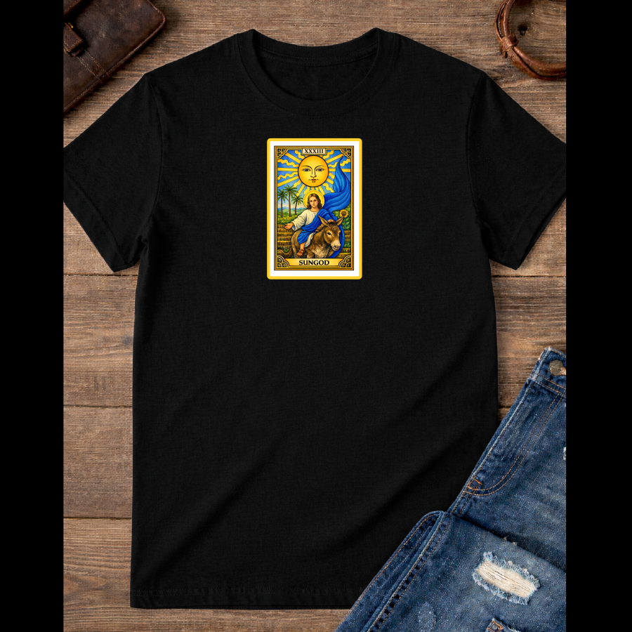 The Sun card with baby Jesus on a donkey with the blue flag / 100% Soft Cotton T-shirts / Catholics / Christianity / Tarot / Baby Jesus / The Sun / Palms