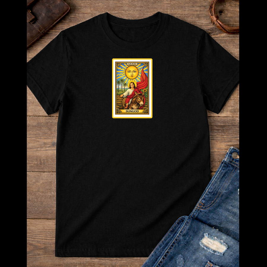 The Sun card with baby Jesus on a donkey with the Red flag / 100% Soft Cotton T-shirts / Catholics / Christianity / Tarot / Baby Jesus / The Sun / Palms