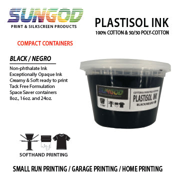 Black plastisol ink for 100% Cotton and 50/50 Cotton Blend T-shirts. Space Saver Containers