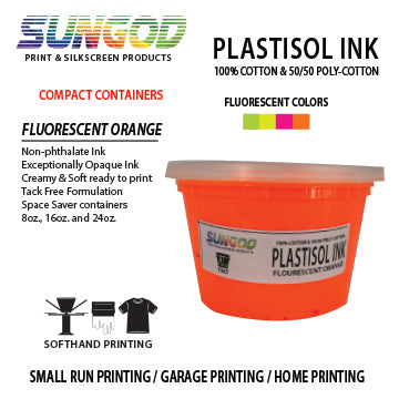 Fluorescent orange plastisol ink for 100% Cotton and 50/50 Cotton Blend. Space Saver Containers