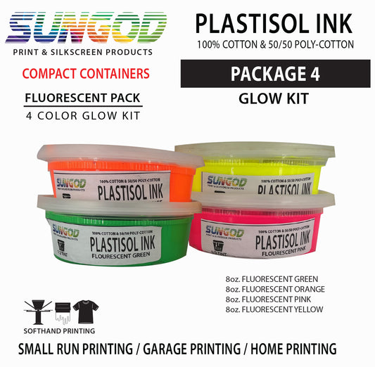 Fluorescent Glow Kit plastisol Ink 4 color package / Glow ink / screen printing / Space Saver Containers / silkscreen products / affordable