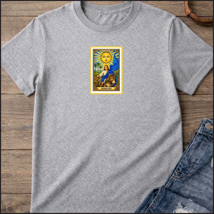 The Sun card with baby Jesus on a donkey with the blue flag / 100% Soft Cotton T-shirts / Catholics / Christianity / Tarot / Baby Jesus / The Sun / Palms