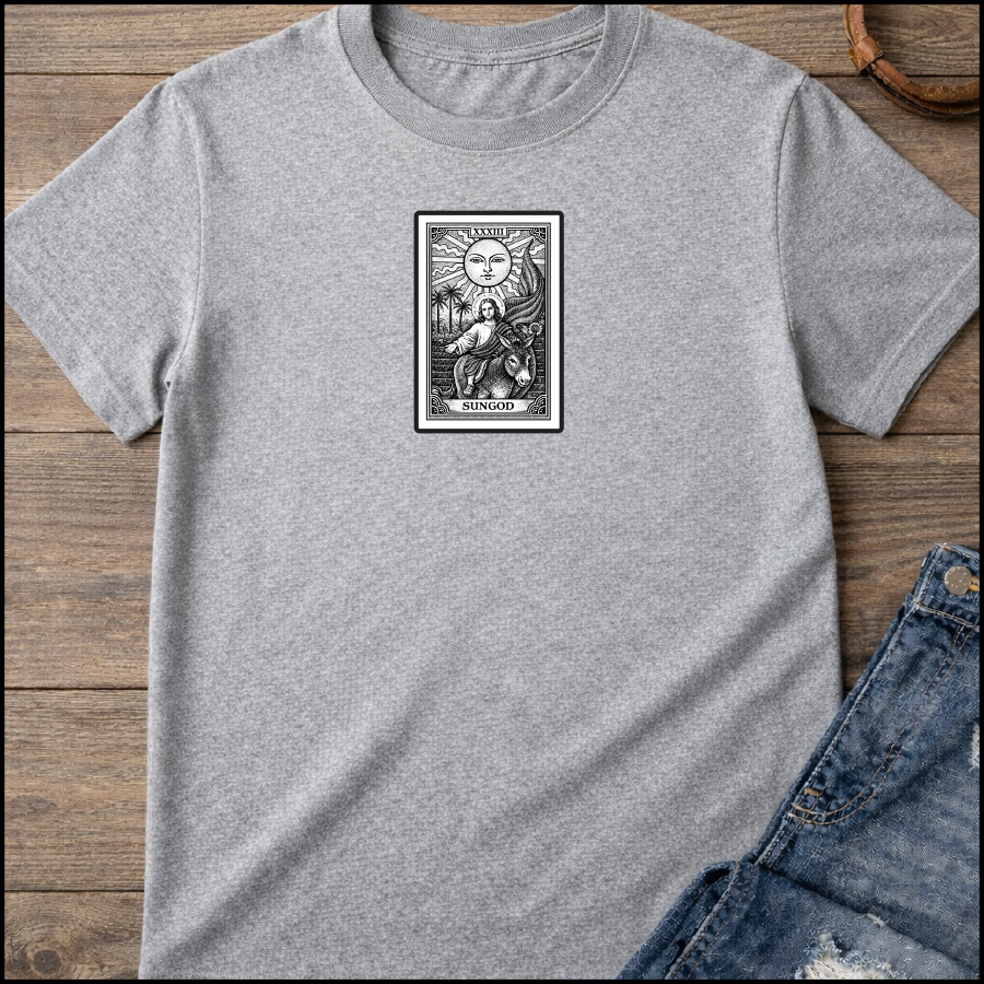 The Sun card with baby Jesus on a donkey Black/white 100% Cotton T-shirts / Catholics / Christianity / Tarot / Baby Jesus / The Sun / Palms
