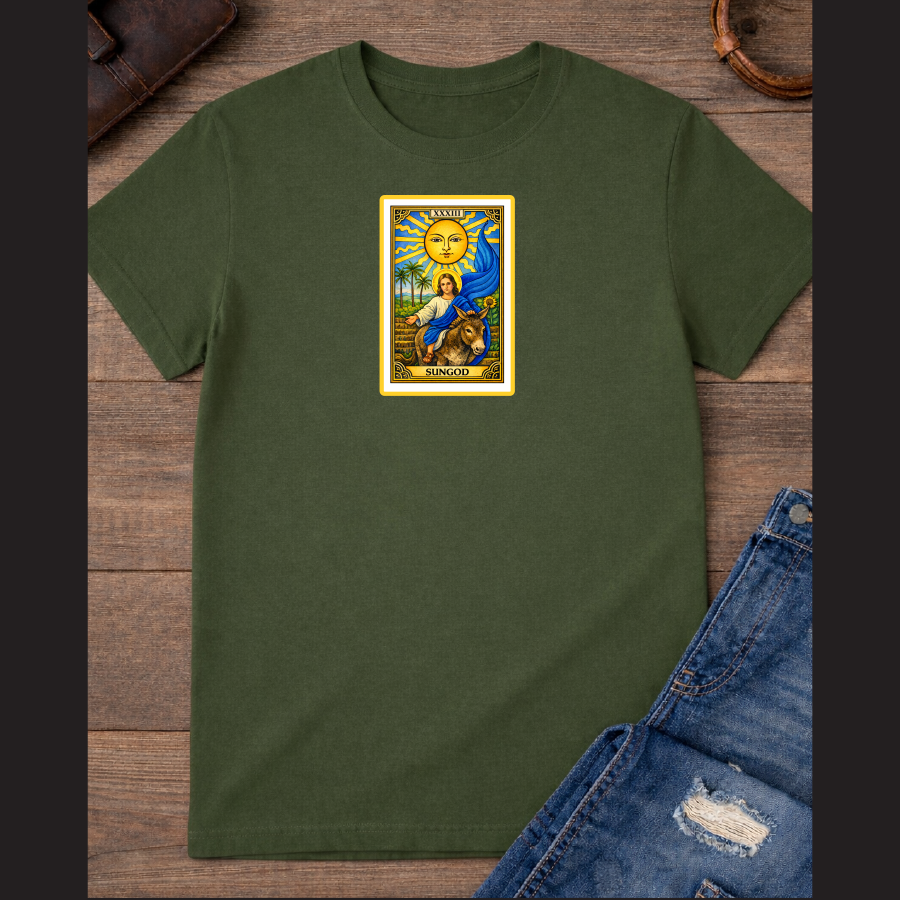 The Sun card with baby Jesus on a donkey with the blue flag / 100% Soft Cotton T-shirts / Catholics / Christianity / Tarot / Baby Jesus / The Sun / Palms