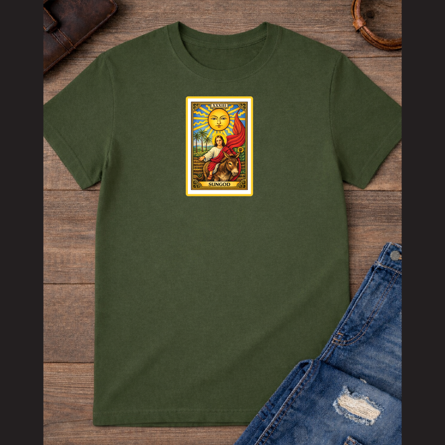 The Sun card with baby Jesus on a donkey with the Red flag / 100% Soft Cotton T-shirts / Catholics / Christianity / Tarot / Baby Jesus / The Sun / Palms