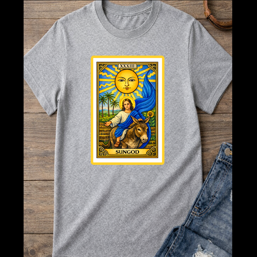 The Sun card with baby Jesus on a donkey with the blue flag / large Front image  / 100% Soft Cotton T-shirts / Catholics / Christianity / Tarot / Baby Jesus / The Sun / Palms