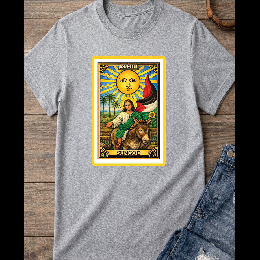 The Sun card with baby Jesus on a donkey with the palestinian flag / Sidepocket image  / 100% Soft Cotton T-shirts / Catholics / Christianity / Tarot / Baby Jesus / The Sun / Palms