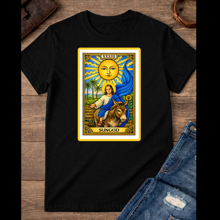 The Sun card with baby Jesus on a donkey with the blue flag / large Front image  / 100% Soft Cotton T-shirts / Catholics / Christianity / Tarot / Baby Jesus / The Sun / Palms