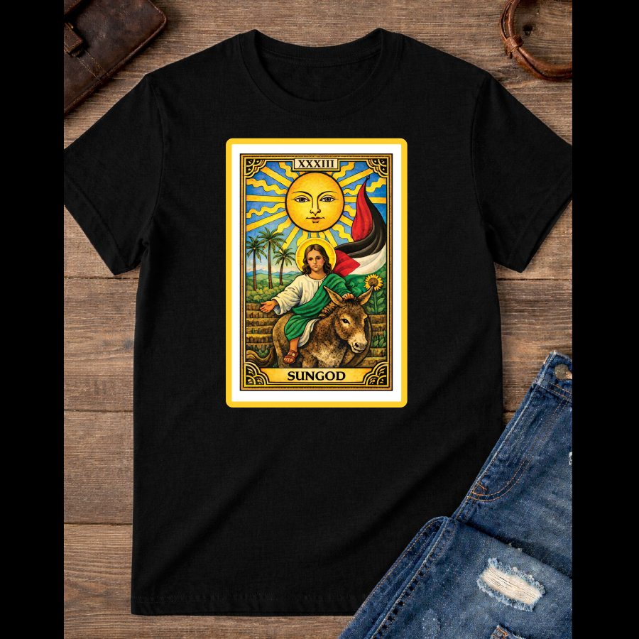 The Sun card with baby Jesus on a donkey with the palestinian flag / Sidepocket image  / 100% Soft Cotton T-shirts / Catholics / Christianity / Tarot / Baby Jesus / The Sun / Palms