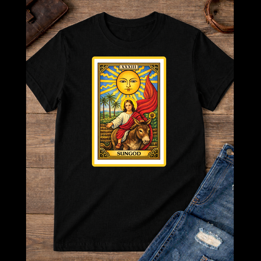 The Sun card with baby Jesus on a donkey with the red flag / large Front image  / 100% Soft Cotton T-shirts / Catholics / Christianity / Tarot / Baby Jesus / The Sun / Palms
