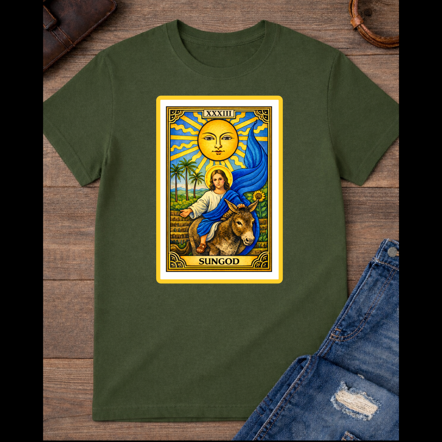 The Sun card with baby Jesus on a donkey with the blue flag / large Front image  / 100% Soft Cotton T-shirts / Catholics / Christianity / Tarot / Baby Jesus / The Sun / Palms