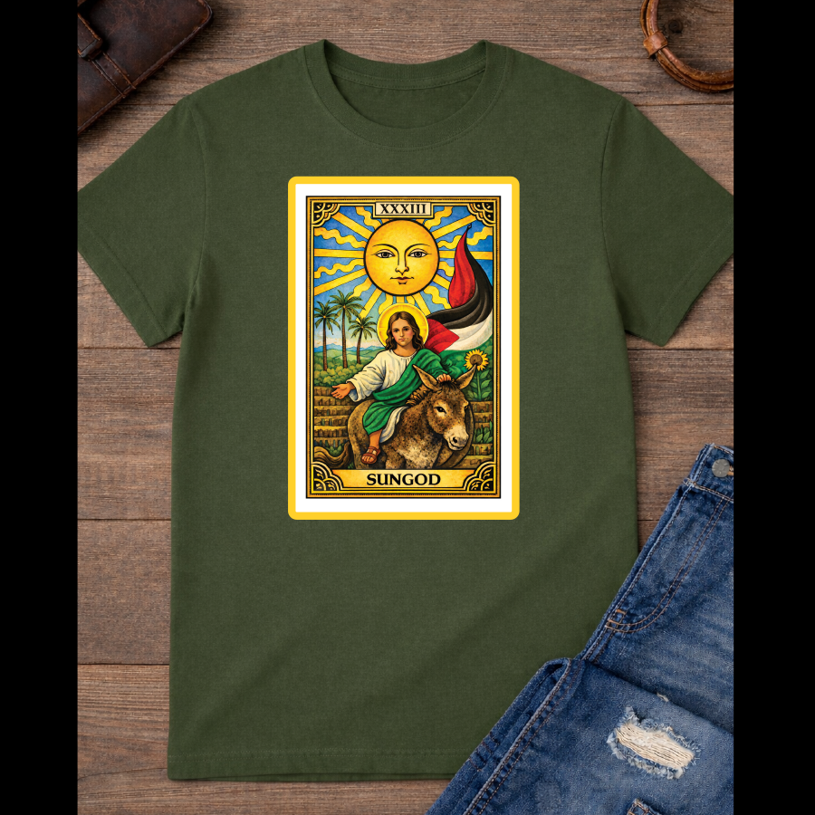 The Sun card with baby Jesus on a donkey with the palestinian flag / Sidepocket image  / 100% Soft Cotton T-shirts / Catholics / Christianity / Tarot / Baby Jesus / The Sun / Palms
