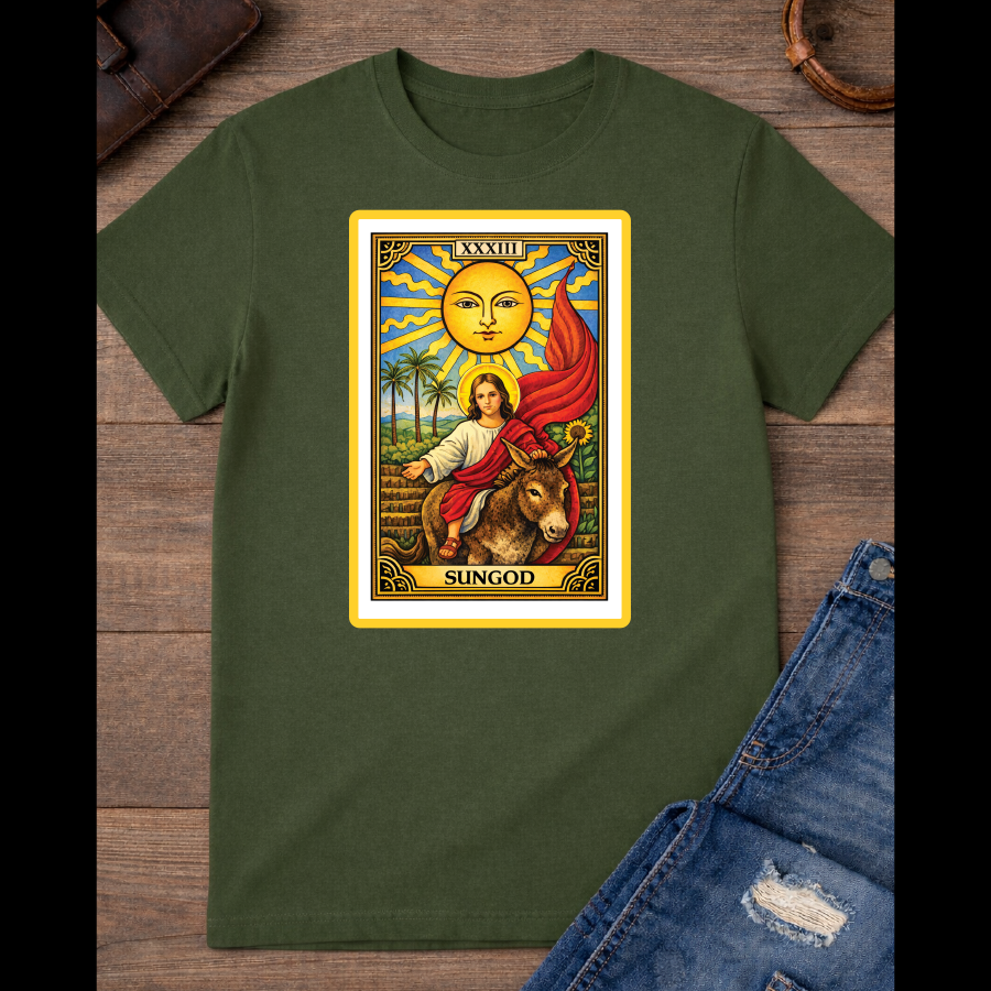 The Sun card with baby Jesus on a donkey with the red flag / large Front image  / 100% Soft Cotton T-shirts / Catholics / Christianity / Tarot / Baby Jesus / The Sun / Palms